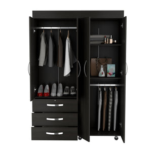 English Elm Hamilton Mobile Armoire with 4 Doors, 3 Drawers, Dual Hanging Rods and Multiple Shelves for Organized Storage and Durable Engineered Wood Finish Black 70.47 L x 23.23 W x 4.33 H B097S00229