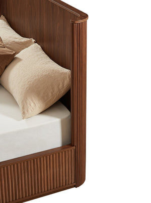 English Elm Natural Fluted Wood Platform Bed Minimalist Queen Frame with Tall Curved Headboard Walnut W5219S00003