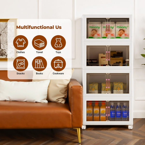 English Elm 4-Tier Foldable Storage Cabinet — Heavy-Duty PP Plastic Organizer, Tool-Free Assembly, Space-Saving Durable Solution for Closet, Dorms, Garage T3950P401149