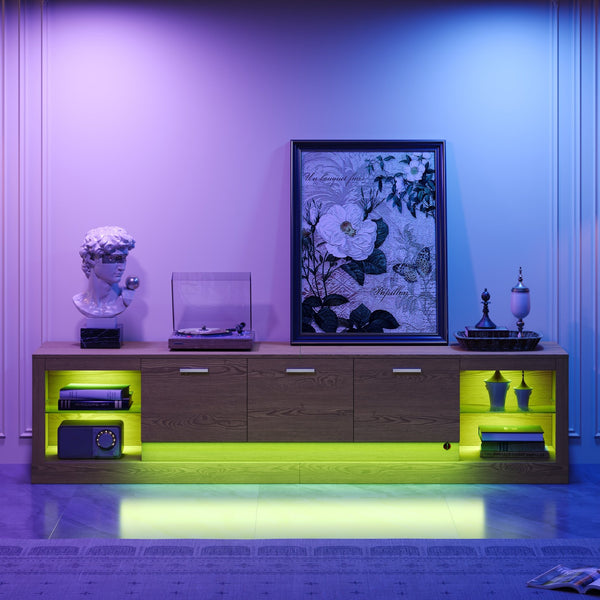 English Elm 78'' Modern TV Stand with LED Lights, 6 Cabinets, 2 Open Shelves, Soft-Close Doors & Cable Management for TVs up to 90" N710P332619P