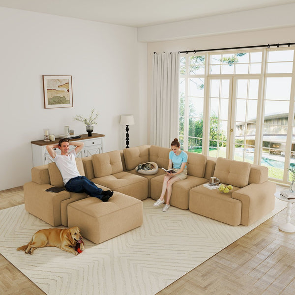 English Elm Modular Corduroy Sectional Sofa V Shaped 5 Seat Living Room Couch with Ottoman Camel W714S01589