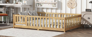 English Elm Full Size Rubber Wood Floor Bed with Surrounding Fence Door and Safety Guardrails W504P370522