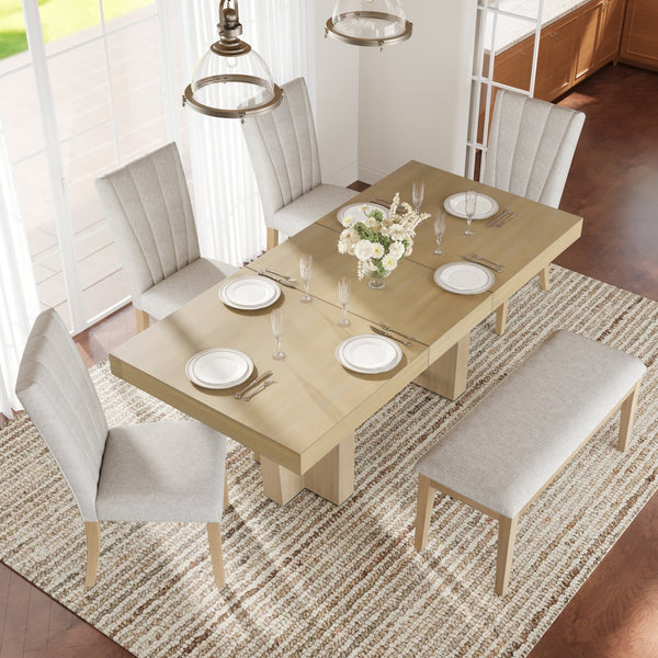 English Elm Topmax Farmhouse Extendable Rubberwood Dining Set Seats Six with Bench and Linen Chairs Natural+Beige N717S000089A