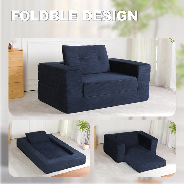 English Elm Compression Human Dog Sofa Bed 3-in-1 Folding Corduroy Floor Couch with Memory Foam Pillow for Living Room Dark Blue W3723P376785