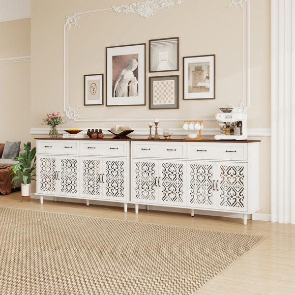 English Elm Vintage Farmhouse Sideboard with Hand-carved Doors Two-tone Distressed Wood Finish W688P360028