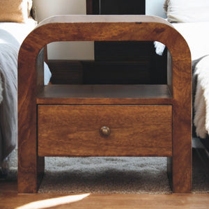 English Elm Darcy Chestnut Nightstand — Handcrafted Solid Mango Wood, Curved Modern Design, Drawer & Shelf B182P301351
