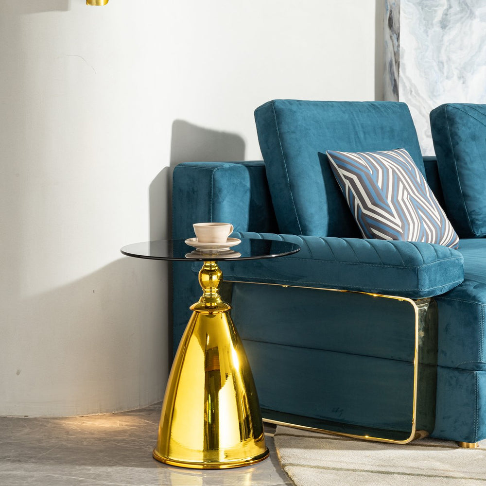 English Elm Living Room Stylish Gold Frame Side Table With Grey Tempered Glass Top - Perfect For Small Spaces W2723P262932