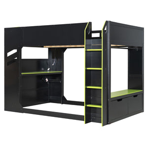 English Elm Full Size Loft Bed with Rgb Lighting Desk Drawers Hanging Rod Teen Bedroom Green LT000288AAF-1
