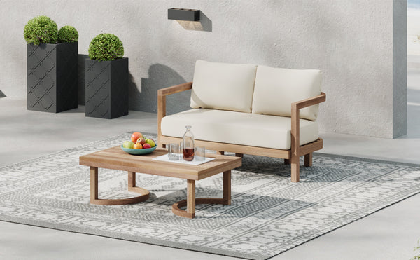 English Elm Christopher Knight Home® - 2-Person Acacia Wood Loveseat & Coffee Table Set with Beige Cushions, Weather-Resistant Patio Charm 73169.00BBGE