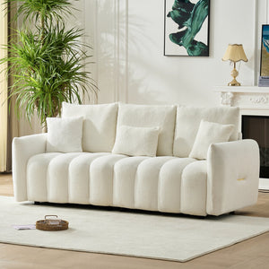 English Elm 78 Inch Teddy Velvet Three Seat Sofa Solid Wood Frame Plush Cushions for Living Room Off White W2564S00127