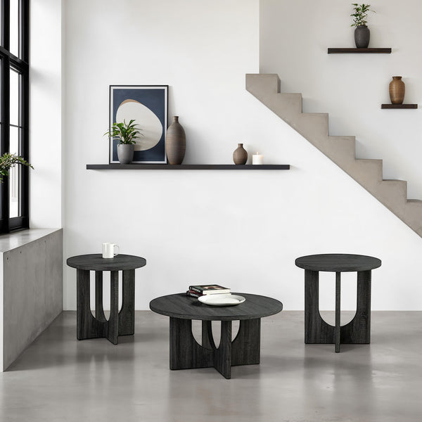 English Elm Contemporary 3-Piece Round Table Set: Stylish Coffee & End Tables With Cross-Arch Base In Gray Finish B2741P395102
