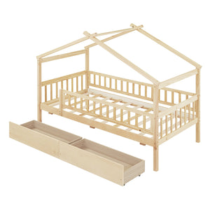 English Elm Twin House Bed Pine Wood Frame with Storage Drawers Kids Bedroom Playful Design Natural WF302181AAN