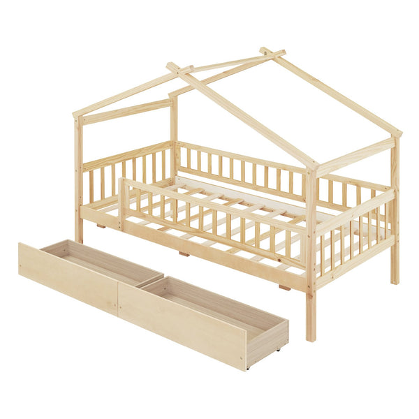 English Elm Twin House Bed Pine Wood Frame with Storage Drawers Kids Bedroom Playful Design Natural WF302181AAN