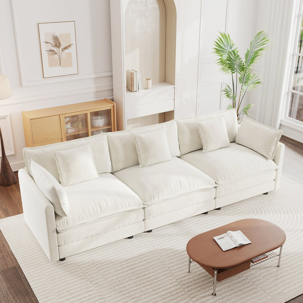 English Elm Mid-century Modern Chenille Sofa with Tapered Wood Legs and Five Accent Pillows W714S00557
