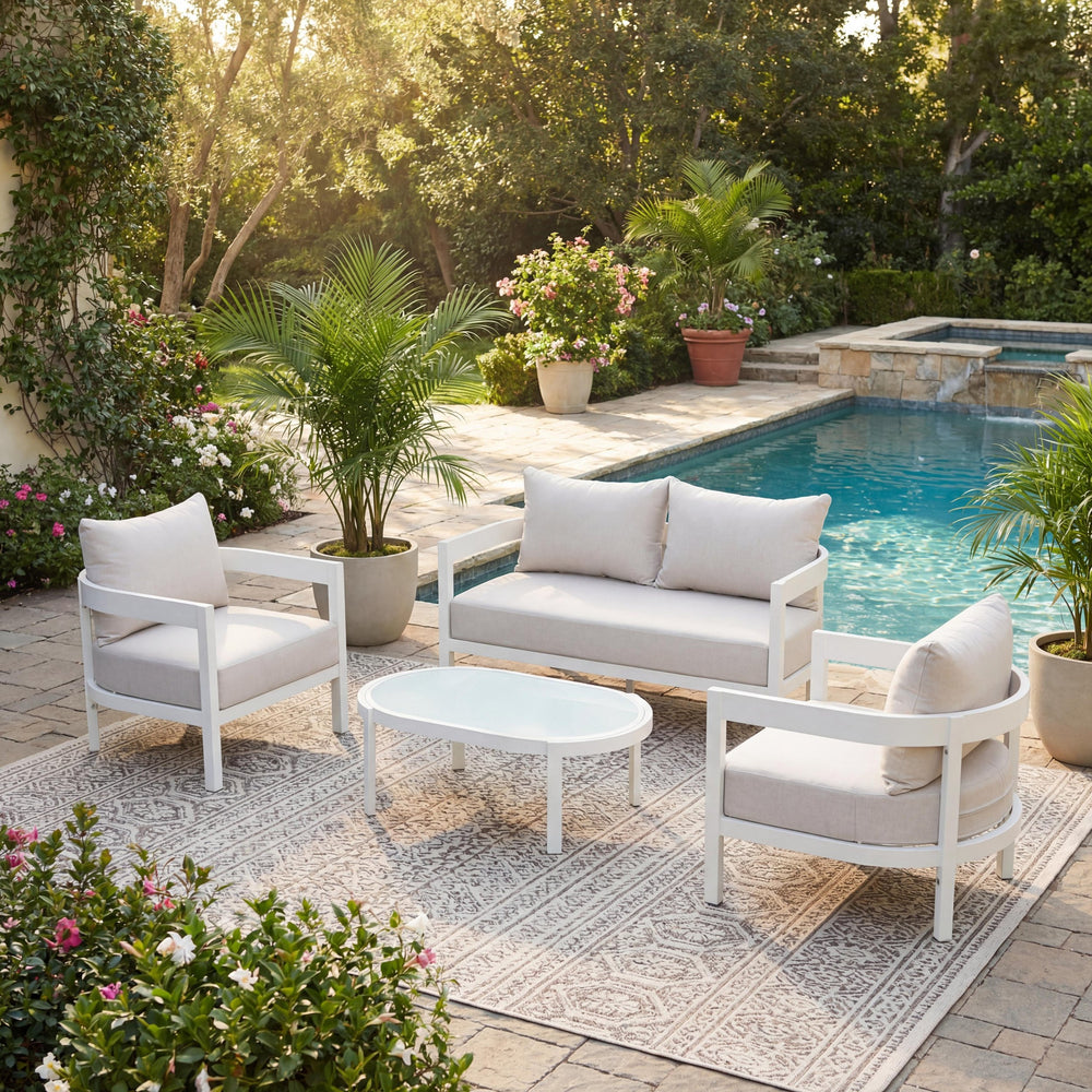 English Elm 4-piece Outdoor Aluminum Conversation Set with Curved Seating and Tempered Glass Table N767P389541A