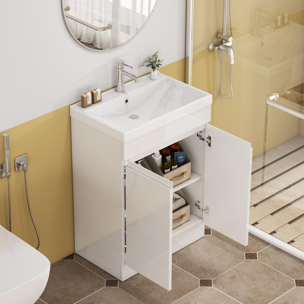 English Elm 24-Inch Bathroom Vanity With Integrated Sink & Mirror, Modern Handle-Free Design, Soft-Close Doors & Storage W3151S00057