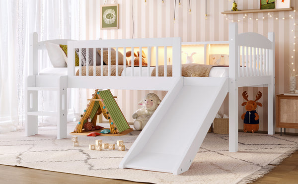 English Elm Twin Low Loft Bed Solid Pine Frame with Built-in Led Lighting and Storage Shelves Light White W1580P395928