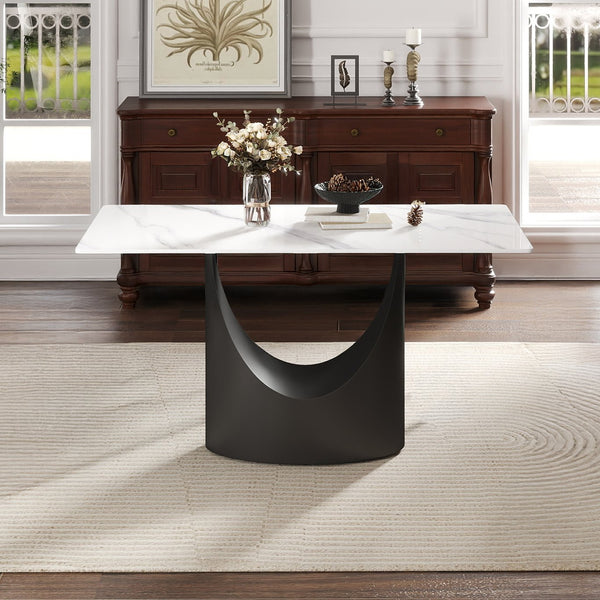 English Elm 55.12 Modern Sintered Stone Dining Table with Bronze Iron Legs, Rectangular Seat for 6, 400lb Capacity Black,White W1535S00563