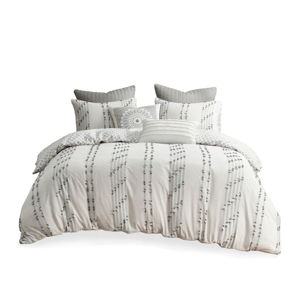 English Elm King/Cal King Kara Cotton Jacquard Duvet Cover Set — OEKO-TEX Eco-Friendly Striped & Diamond Bedding, Button Closure, Tie Corners, Easy Care Ivory 11.81 L x 9.84 W x 6.3 H B03596506