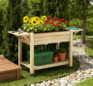 English Elm Convenient Carbonized Fir Wood Raised Planter Box with Wheels Side Tables and Storage T3971P423504