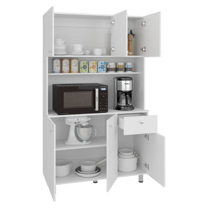 English Elm White Tall Kitchen Pantry Cabinet with Microwave Shelf Open and Enclosed Storage B062S01857