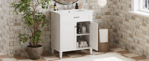 English Elm 30-inch bathroom vanity with ceramic basin, solid wood frame, soft-close doors and adjustable shelves for organized style and lasting durability White N729P173380K