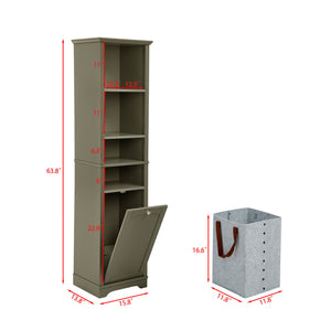 English Elm 64" Tall Bathroom Storage Cabinet Narrow 4-Shelf Floor Organizer with Laundry Hamper, Grey, Space-Saving Tall Unit W1801P195738