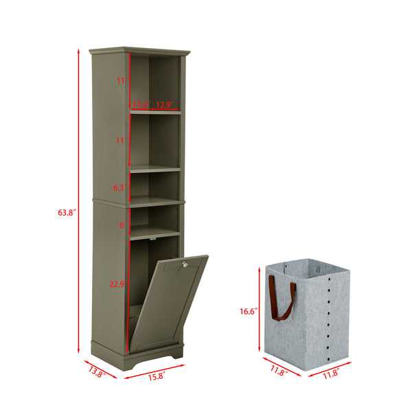 English Elm 64" Tall Bathroom Storage Cabinet Narrow 4-Shelf Floor Organizer with Laundry Hamper, Grey, Space-Saving Tall Unit W1801P195738