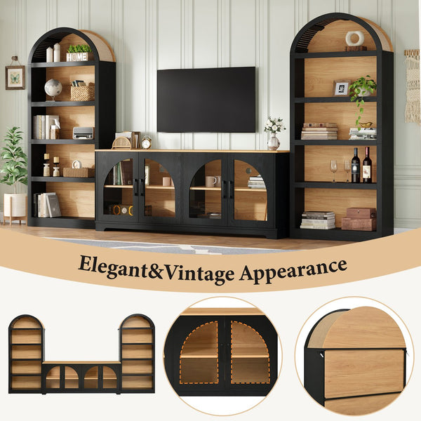English Elm 3-piece Farmhouse Entertainment Center with Arched Glass Doors and Open Tower Shelving Black N721S000070B