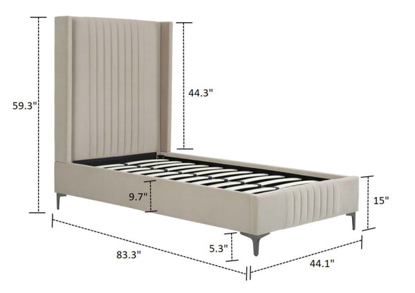 English Elm Promenade Upholstered Velvet Twin Bed with Vertical Stitched Headboard, Solid Slats, No Box Spring Needed taupe B365S00054