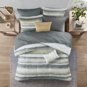 English Elm 8 Piece Printed Seersucker Comforter Set In Yellow & Gray - Stylish, Hypoallergenic King/Cal King Collection B03597255