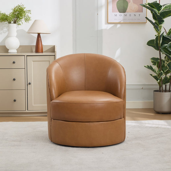 English Elm Light Brown Top-Grain Leather Swivel Accent Chair with 360° Smooth Spin, Rivet Detail, Sturdy 150kg Base W570P386949