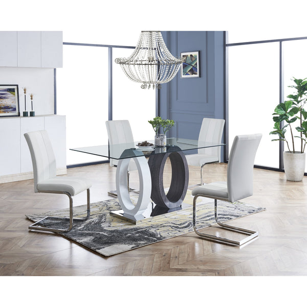 English Elm ROYCE Modern Dining Table with Clear Glass Top, Grey Wash Solid Wood & MDF, Metal Base Plate Finish B201S00023