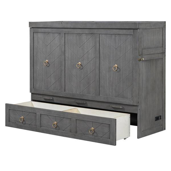English Elm Queen Murphy Wall Bed with Pull Out Storage Drawer and Built in Usb Charging Gray LP000428AAE