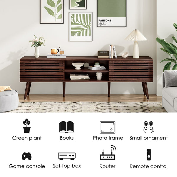 English Elm Mid Century Modern Fluted Wood Media Console with Storage Cabinets for Living Room Walnut T3623P435374