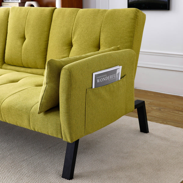 English Elm 70-inch Foldable Cotton Linen Sofa Bed with Cup Holder & Side Storage, Space-Saving 2-Seater Design Green W3371P337200