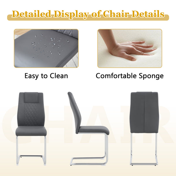 English Elm Table and Chair Set Oval Glass Top Twin Column Base with Six Pu Leather Seats Dark Gray,Silver,Transparent W1151S04734