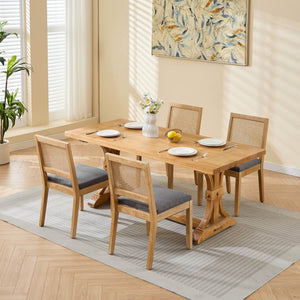 English Elm Farmhouse Rattan Dining Chairs Set of 2 — Mid-Century Cane Back, Solid Wood Frame, Linen Upholstery, Supportive Comfort Gray W1143P332690