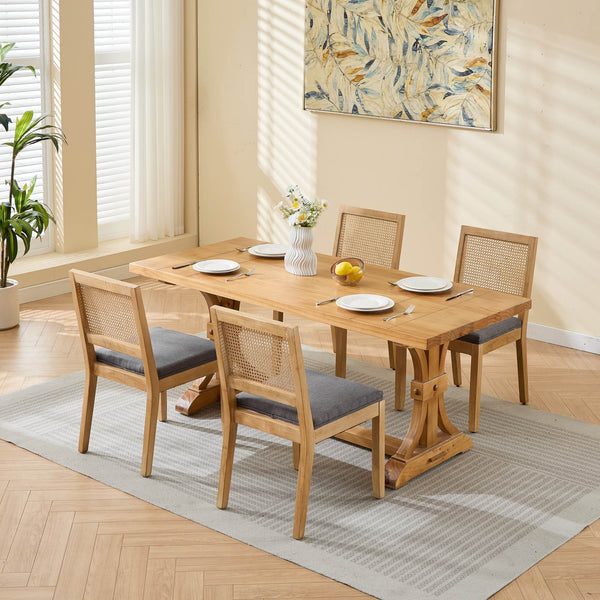 English Elm Farmhouse Rattan Dining Chairs Set of 2 — Mid-Century Cane Back, Solid Wood Frame, Linen Upholstery, Supportive Comfort Gray W1143P332690