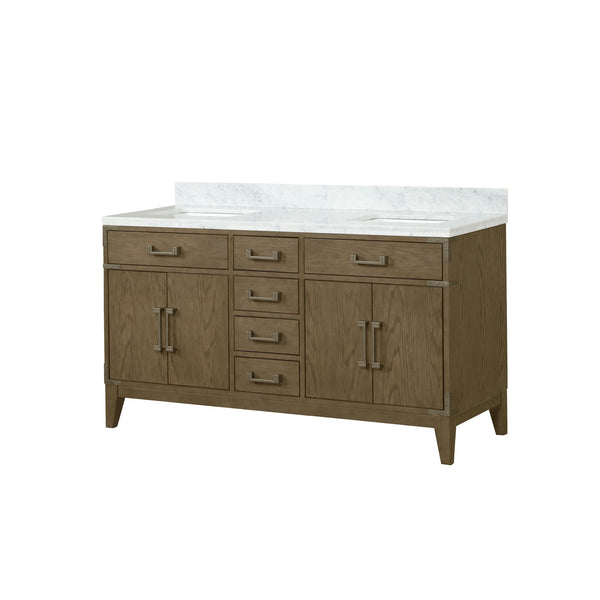 English Elm Grey Oak Double Bath Vanity With Elegant Carrara Marble Top For Modern Bathroom Storage Solutions B2731P259853