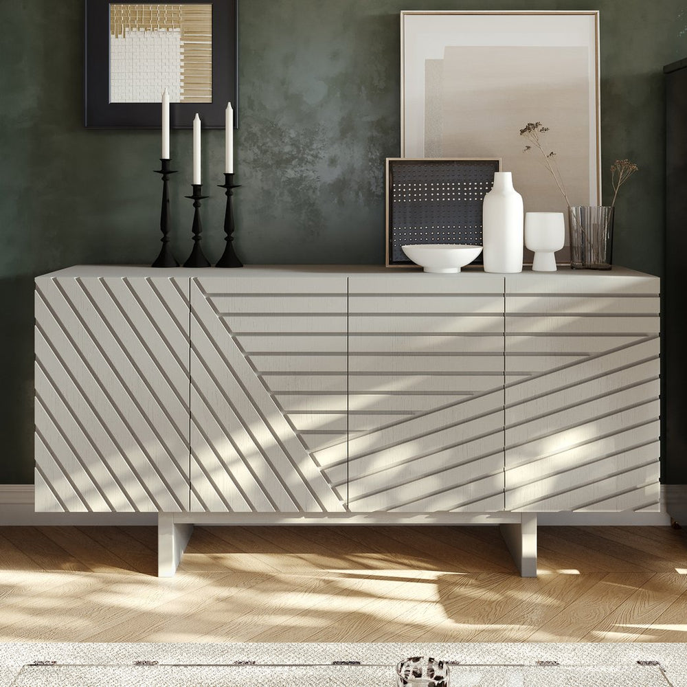 English Elm 63''wide White Sideboard Geometric Groove Mdf Four Door Cabinet for Dining Room T3609P485929