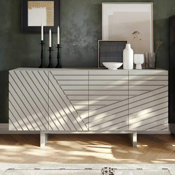 English Elm 63''wide White Sideboard Geometric Groove Mdf Four Door Cabinet for Dining Room T3609P485929