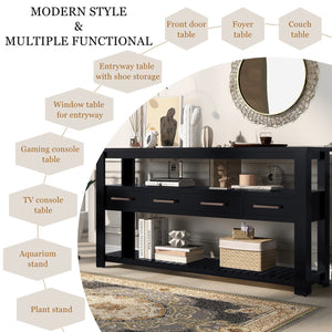 English Elm U_style Wide Painted Console Table Four Drawers Open Shelves Foyer Living Room Black N711P410406B