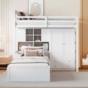 English Elm Twin Bunk Bed with Wardrobe Drawers Hydraulic Lift Shelves Kids Storage White LT000666AAK-1
