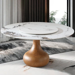 English Elm Modern Sintered Stone Round Dining Table with Lazy Susan for Compact Spaces W2699S00089