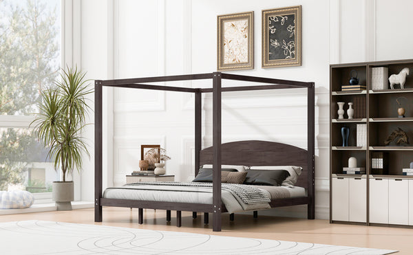 English Elm King Canopy Platform Bed with Headboard and Support Legs — Modern Pine Wood Frame, Sturdy 650lb Capacity Brown WF309291AAD