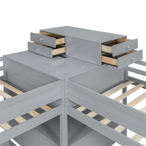 English Elm Twin L-shaped Bunk Bed Pine Wood Corner Design with Desk Drawers and Usb Charging Gray N820S00079E