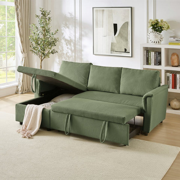 English Elm Loveseat Sectional Sleeper Sofa with Corduroy Tufted Upholstery Storage Chaise Reclining Green W2186S00014