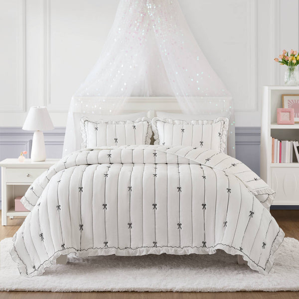 English Elm 3-piece Reversible Microfiber Quilt Set Bow Embroidery Ruffled Trim Romantic Bedroom White+Black B035P482885