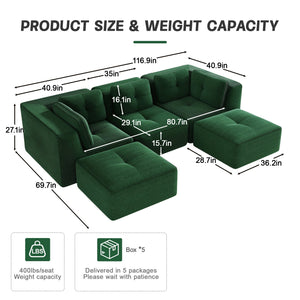 English Elm Modern Corduroy U-shaped Sectional with Tufted Cushions Deep Seat and Movable Ottomans Green W714S01797